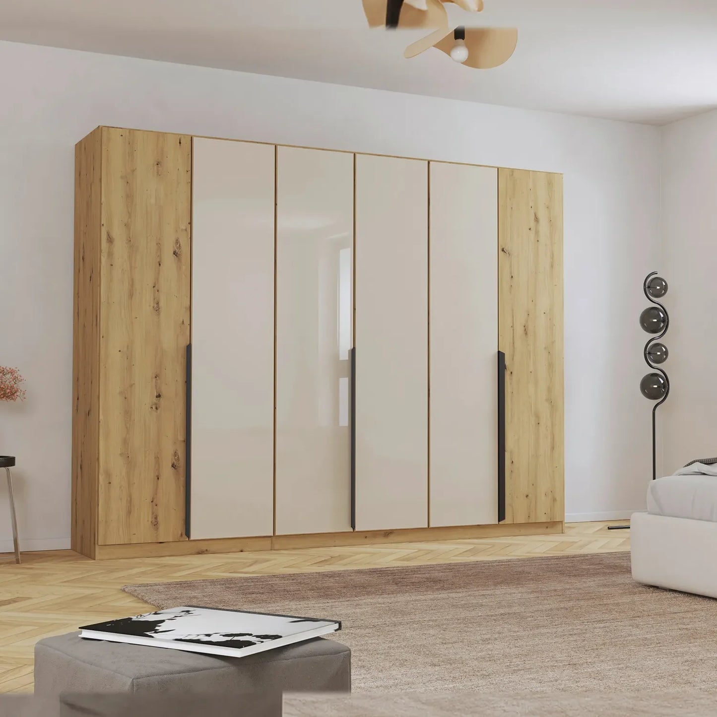 Artemis Oak & Champagne Glass 6 Door Hinged Wardrobe - 271cm - Pendle Village Furniture
