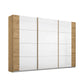 Sliding wardrobe with white panels and wooden frames on a white background