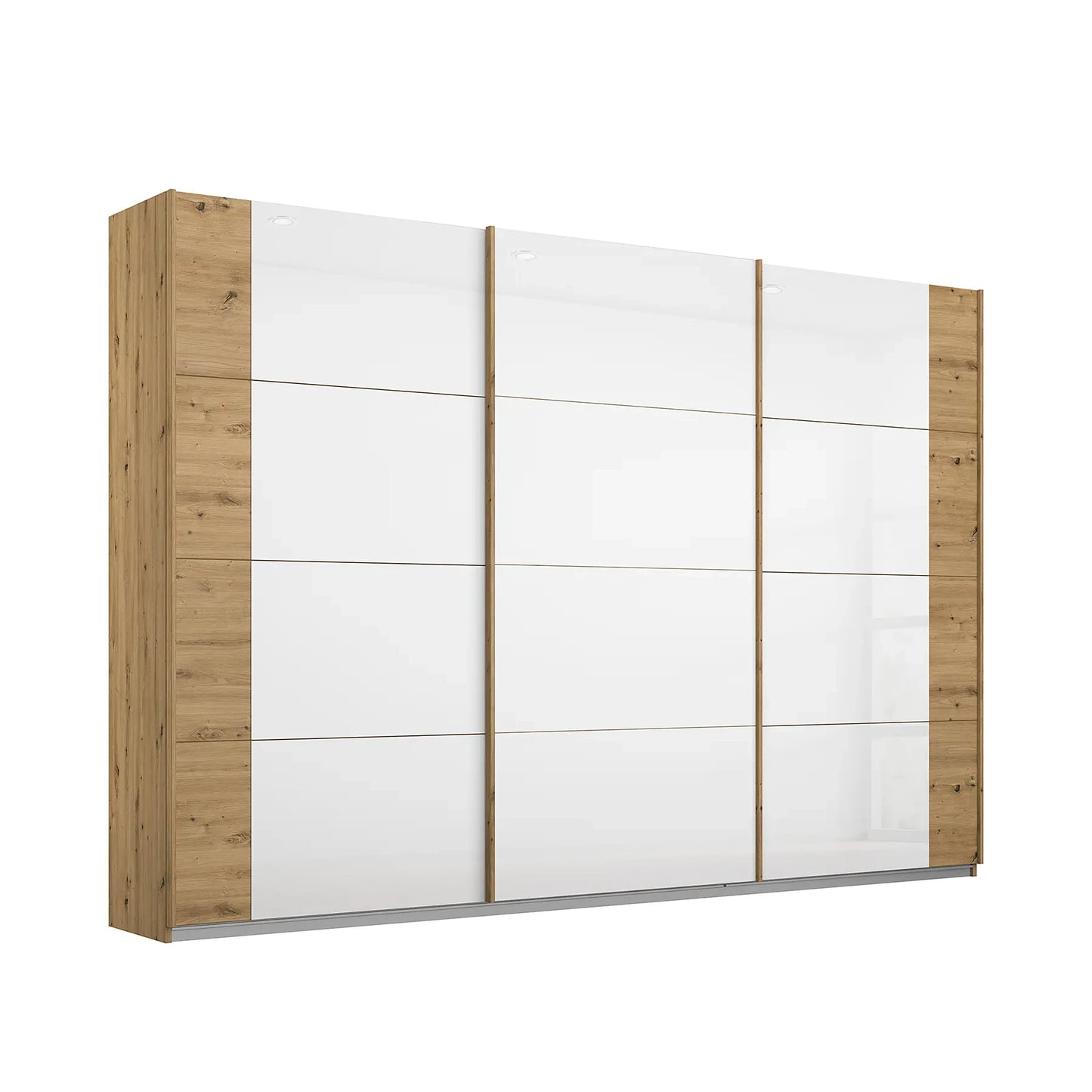 Sliding wardrobe with white panels and wooden frames on a white background