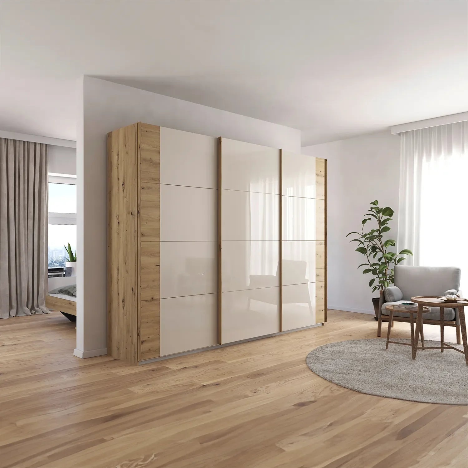 Artemis Oak & Champagne Glass 3 Door Sliding Wardrobe - W271cm - Pendle Village Furniture