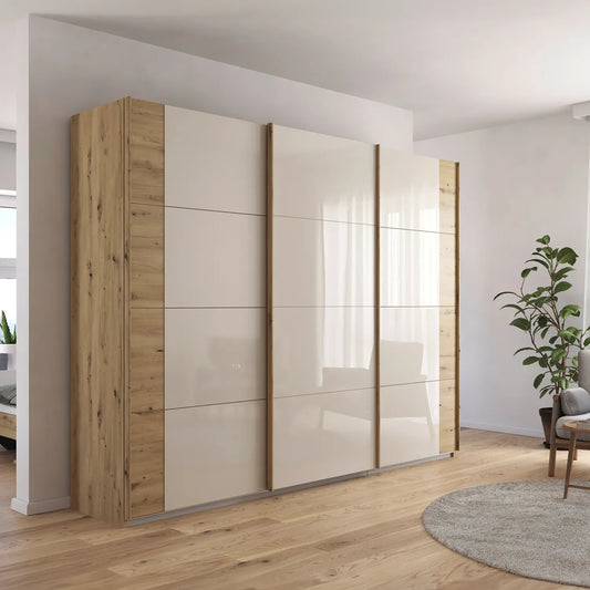 Artemis Oak & Champagne Glass 3 Door Sliding Wardrobe - W271cm - Pendle Village Furniture
