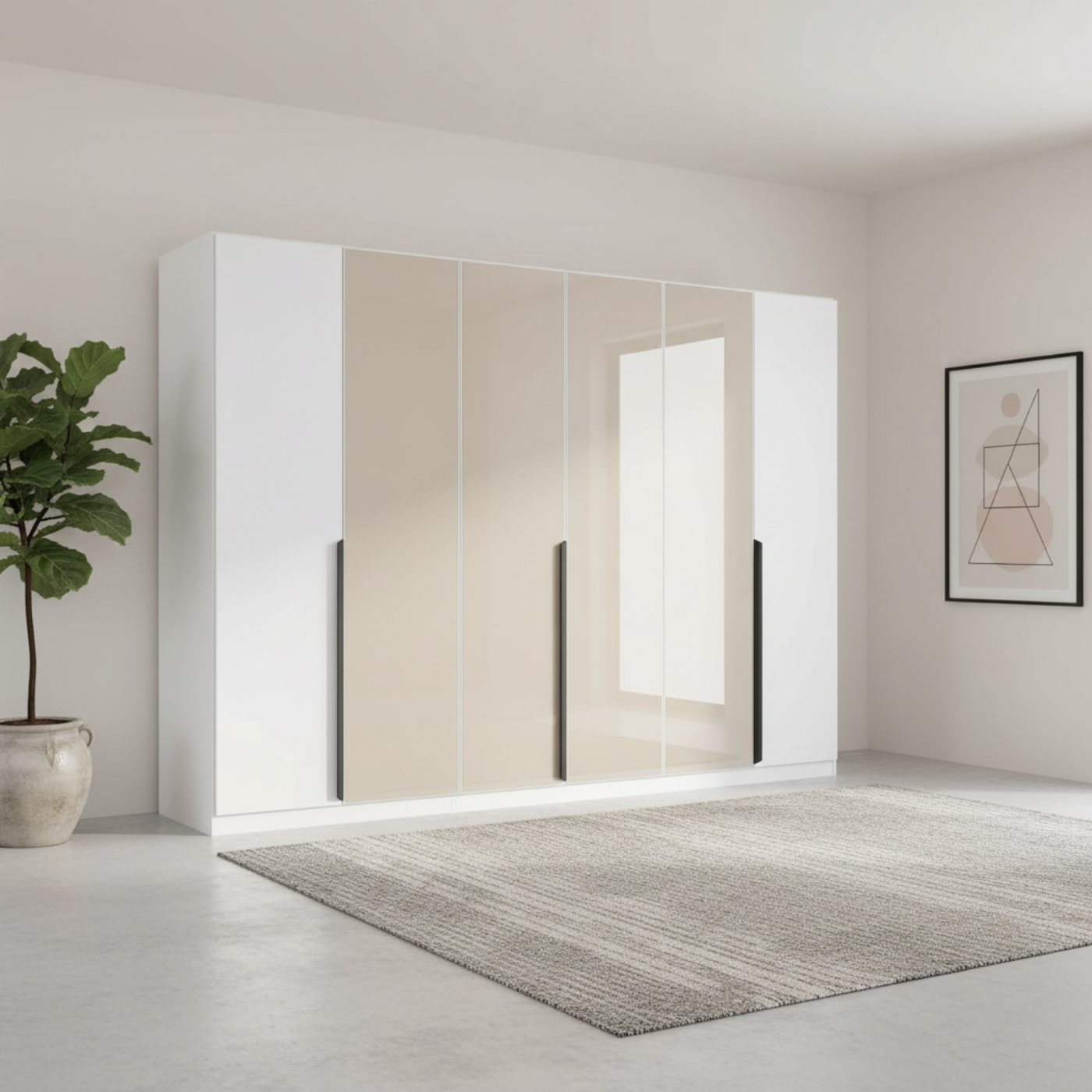 Modern wardrobe with sliding doors in a minimalistic room with a plant and abstract art.