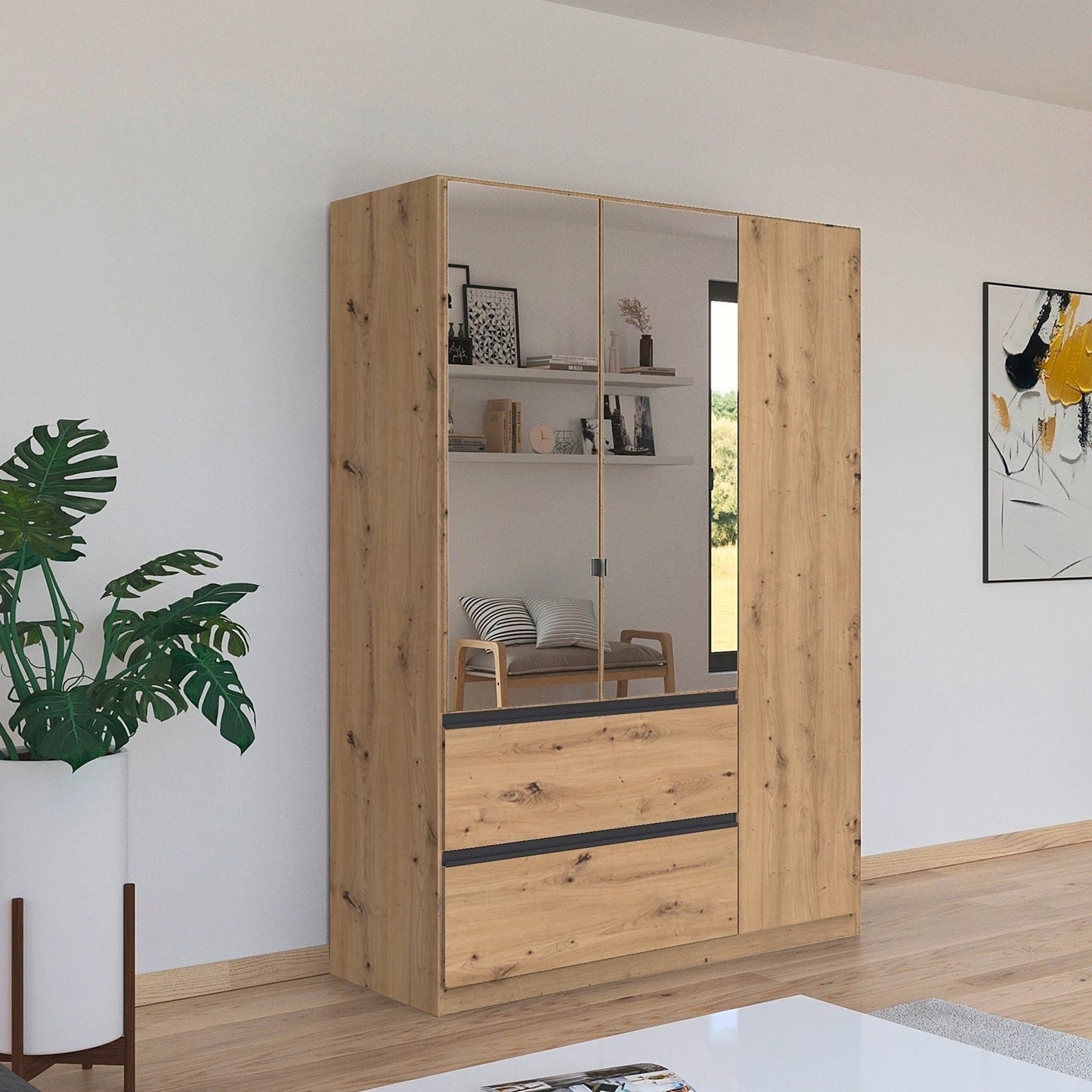 Rauch Cara Artisan Oak 3 Door Mirrored Wardrobe with Drawers 136cm