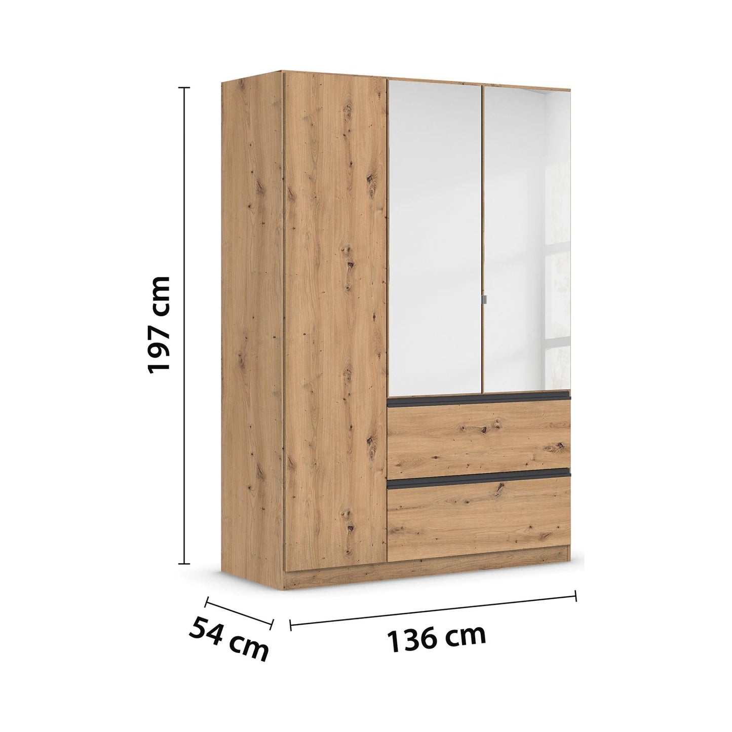 Rauch Cara Artisan Oak 3 Door Mirrored Wardrobe with Drawers 136cm