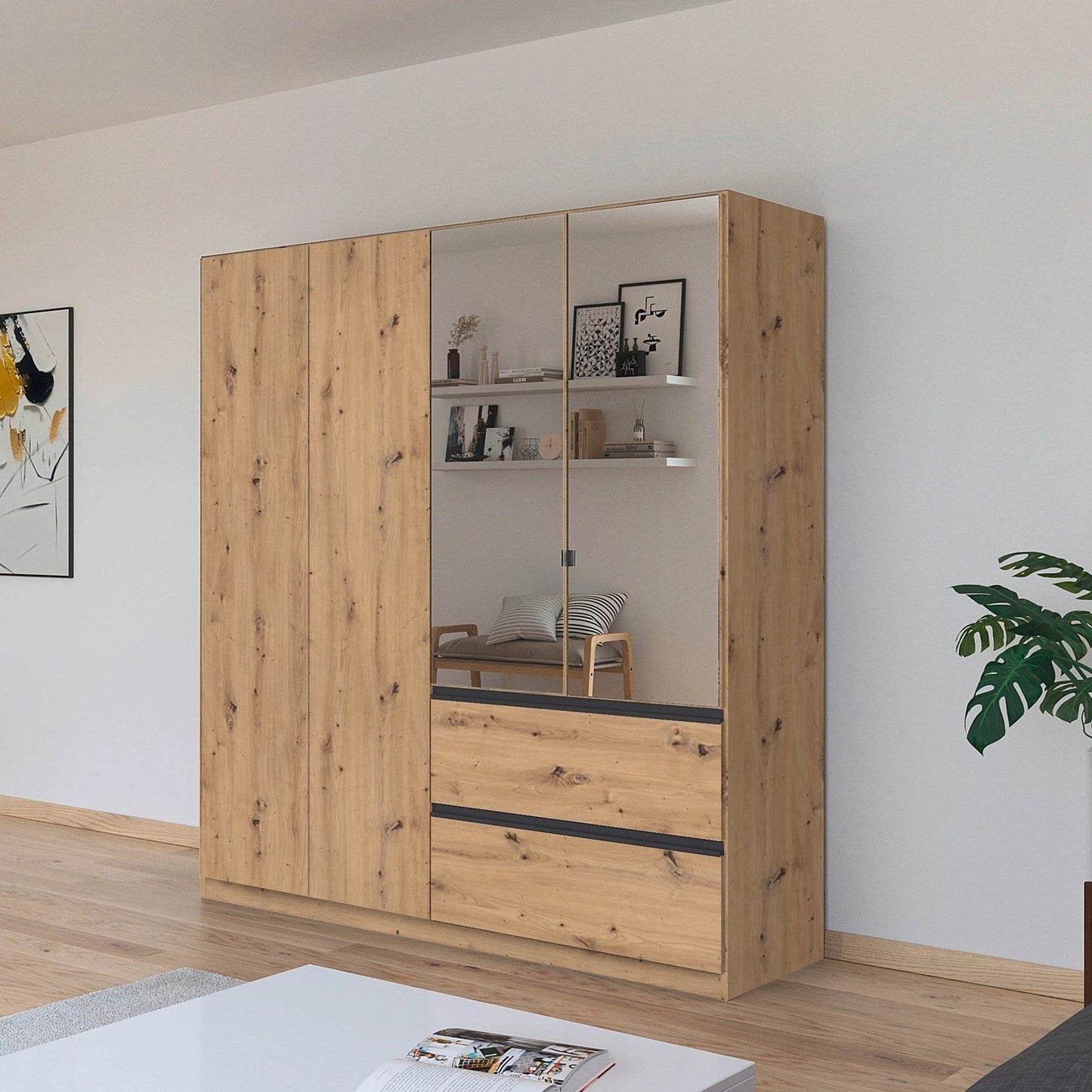 Rauch Cara Artisan Oak 4 Door Mirrored Wardrobe with Drawers 181cm