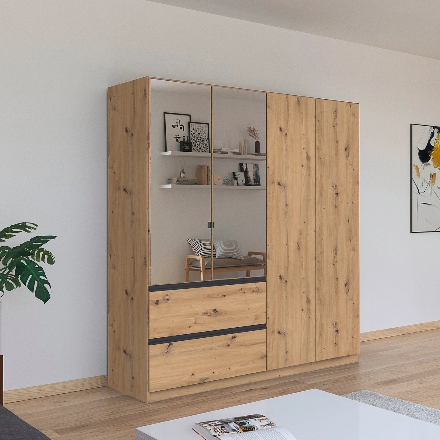 Rauch Cara Artisan Oak 4 Door Mirrored Wardrobe with Drawers 181cm