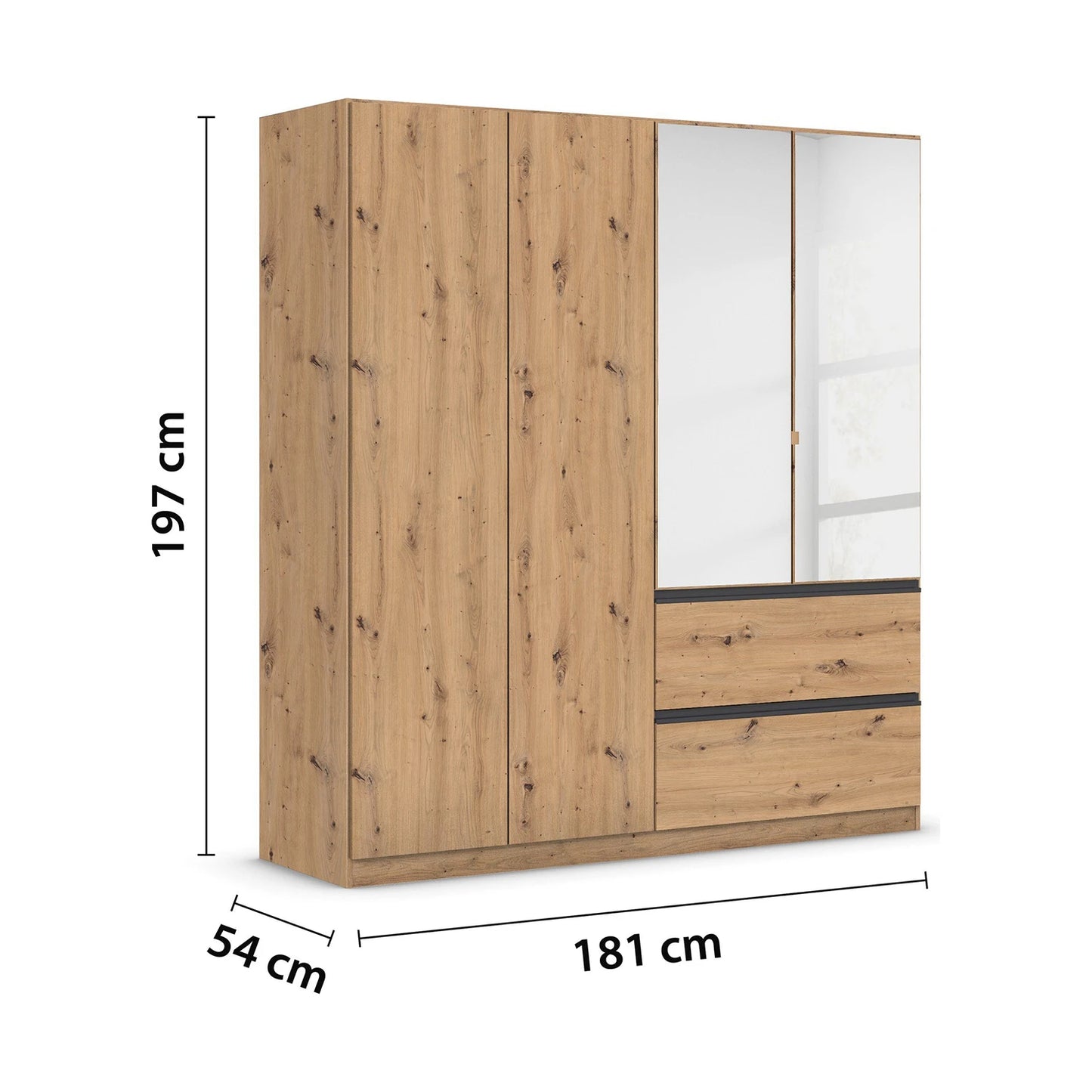 Rauch Cara Artisan Oak 4 Door Mirrored Wardrobe with Drawers 181cm