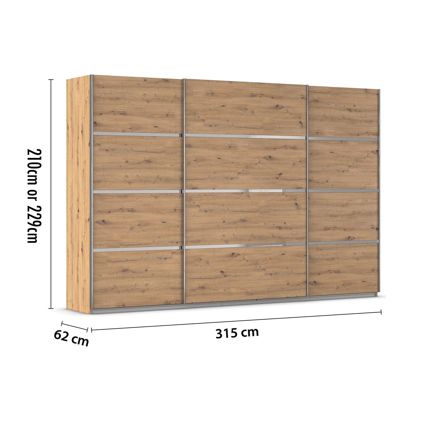 Rauch Large 315cm Wooden wardrobe with dimensions labeled on a white background