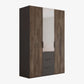 A modern three-door Rauch Fiftywardrobe with a dark brown Atlantic wood grain finish, featuring two doors with vertical mirror panels and a bottom drawer section with dark gray handles, shown on a plain white background.