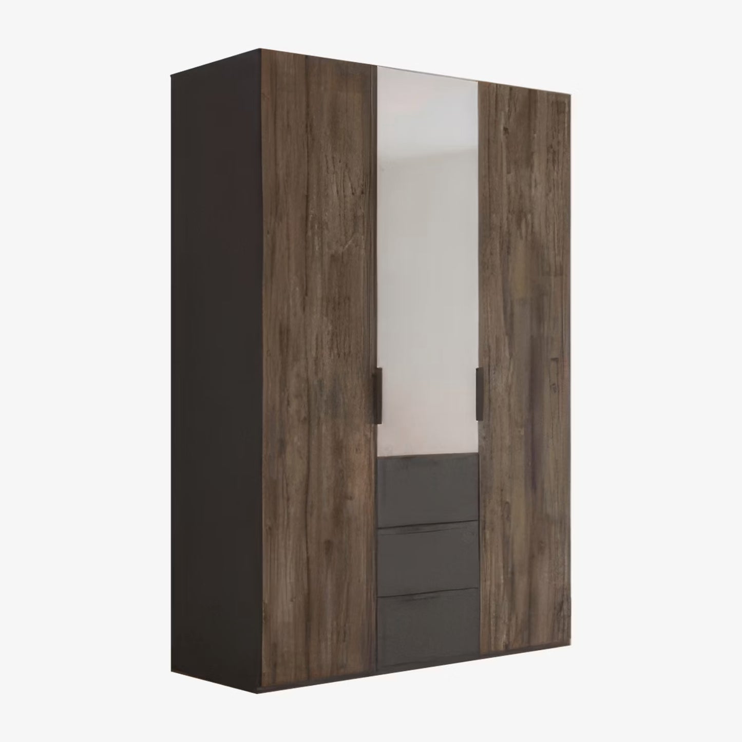 A modern three-door Rauch Fiftywardrobe with a dark brown Atlantic wood grain finish, featuring two doors with vertical mirror panels and a bottom drawer section with dark gray handles, shown on a plain white background.