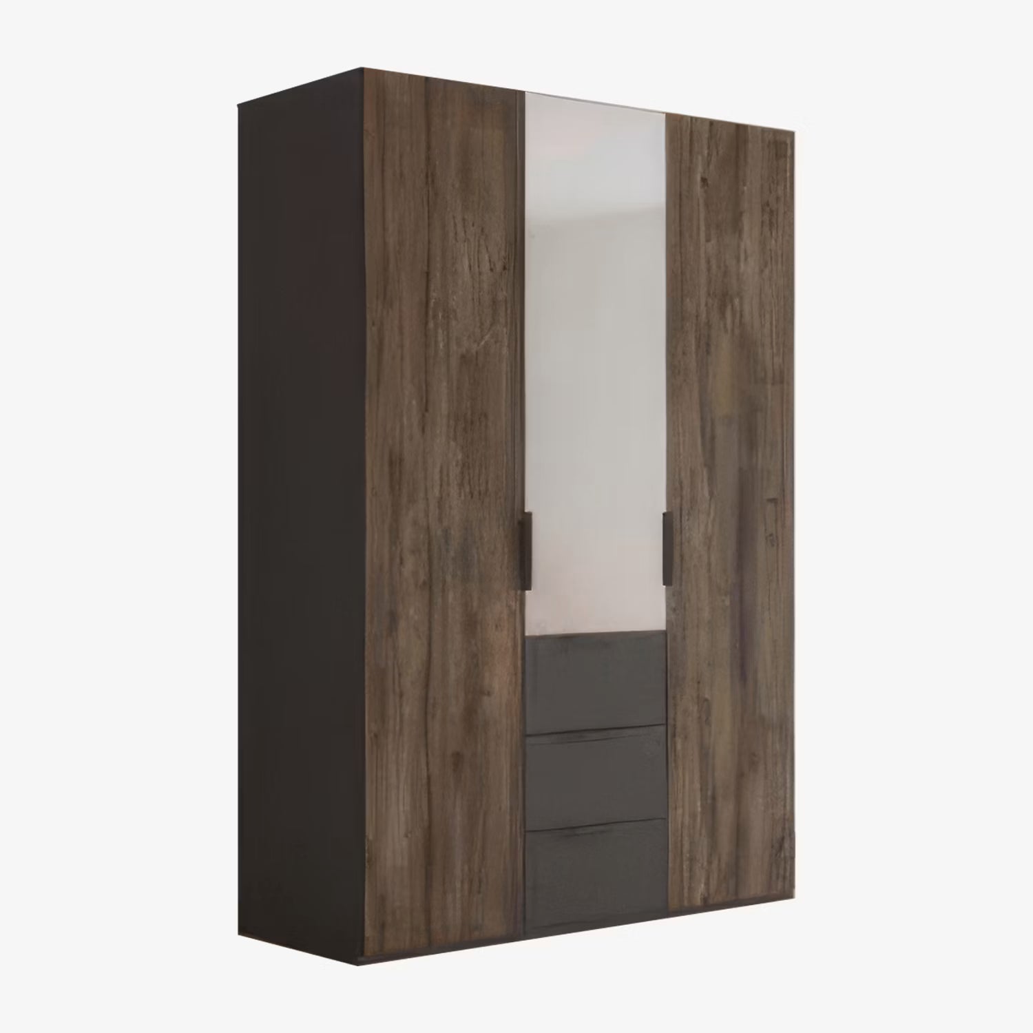 A modern three-door Rauch Fiftywardrobe with a dark brown Atlantic wood grain finish, featuring two doors with vertical mirror panels and a bottom drawer section with dark gray handles, shown on a plain white background.
