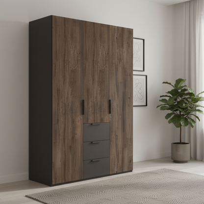 A tall three-door wardrobe with a brown wood grain finish on the doors and a dark charcoal side panel and drawer fronts, shown on a plain white background.