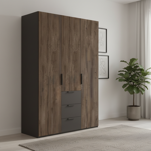 A tall three-door wardrobe with a brown wood grain finish on the doors and a dark charcoal side panel and drawer fronts, shown on a plain white background.