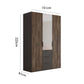 A three-door wardrobe with dark brown wood grain doors, a mirrored center door, and two dark gray drawers at the bottom, shown with dimension labels of 223cm height, 151cm width, and 61cm depth on a white background.