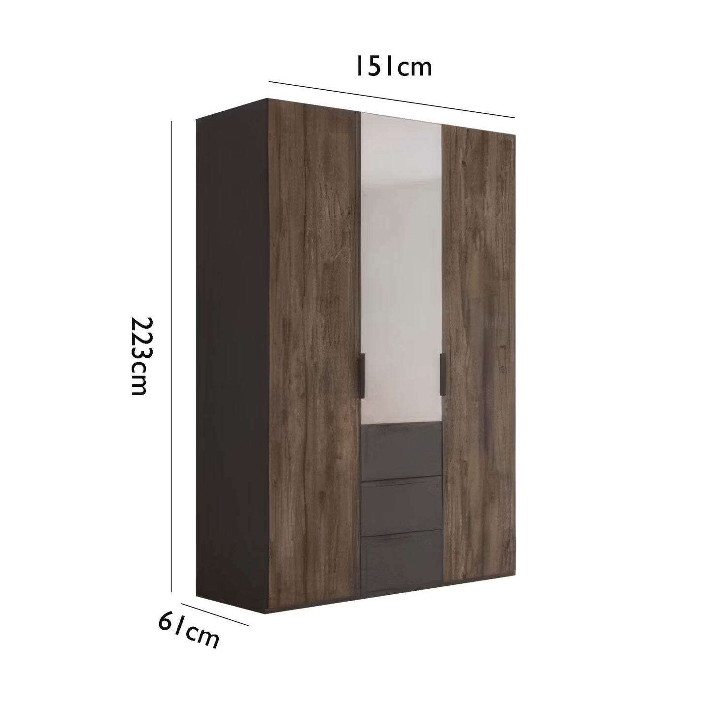 A three-door wardrobe with dark brown wood grain doors, a mirrored center door, and two dark gray drawers at the bottom, shown with dimension labels of 223cm height, 151cm width, and 61cm depth on a white background.