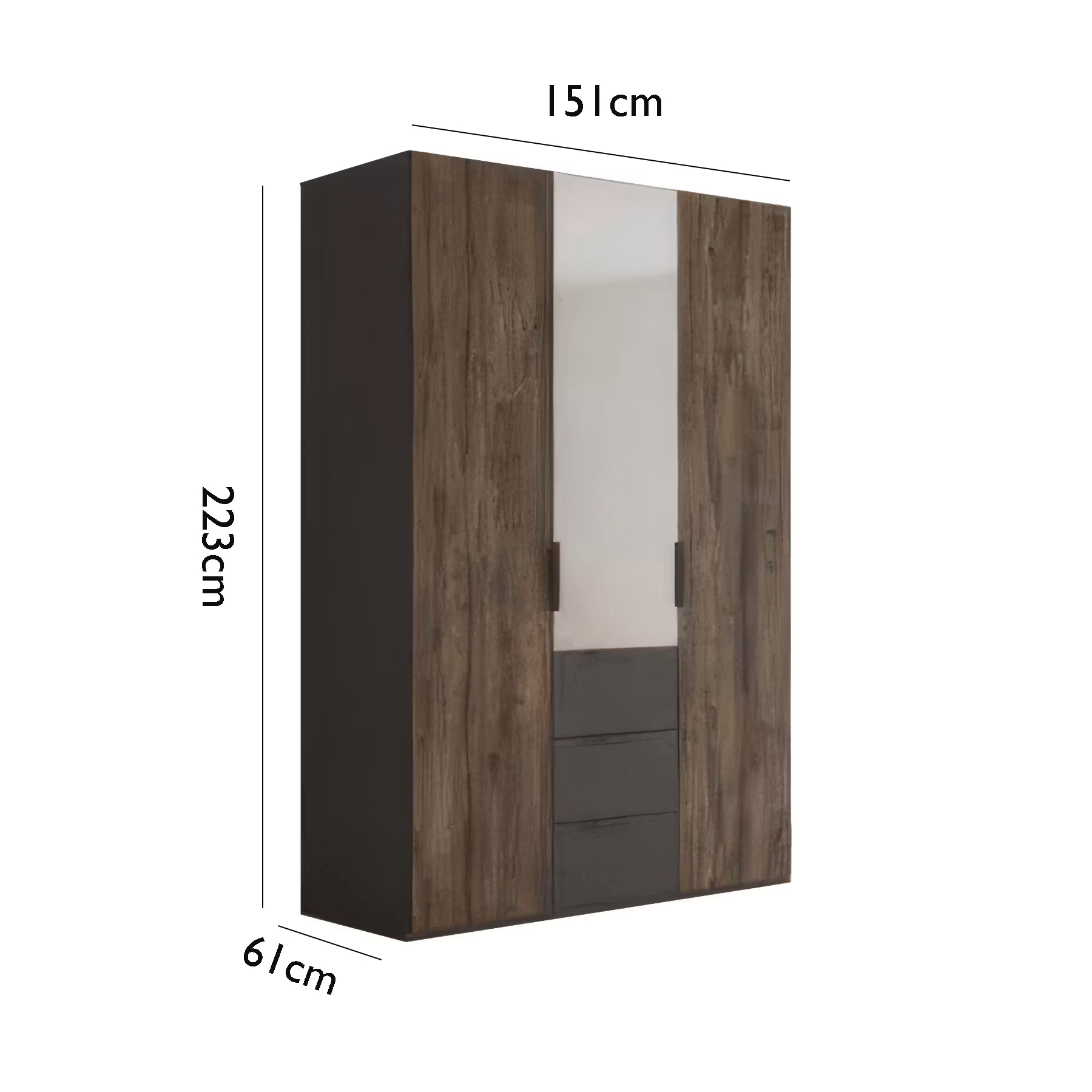 A three-door wardrobe with dark brown wood grain doors, a mirrored center door, and two dark gray drawers at the bottom, shown with dimension labels of 223cm height, 151cm width, and 61cm depth on a white background.