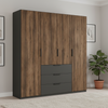 A modern Rauch Fifty Atlantic Oak Four door wardrobe with medium brown wood grain doors and three dark gray drawers at the bottom Width 201cm 
