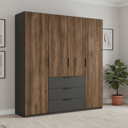 A modern Rauch Fifty Atlantic Oak Four door wardrobe with medium brown wood grain doors and three dark gray drawers at the bottom Width 201cm 