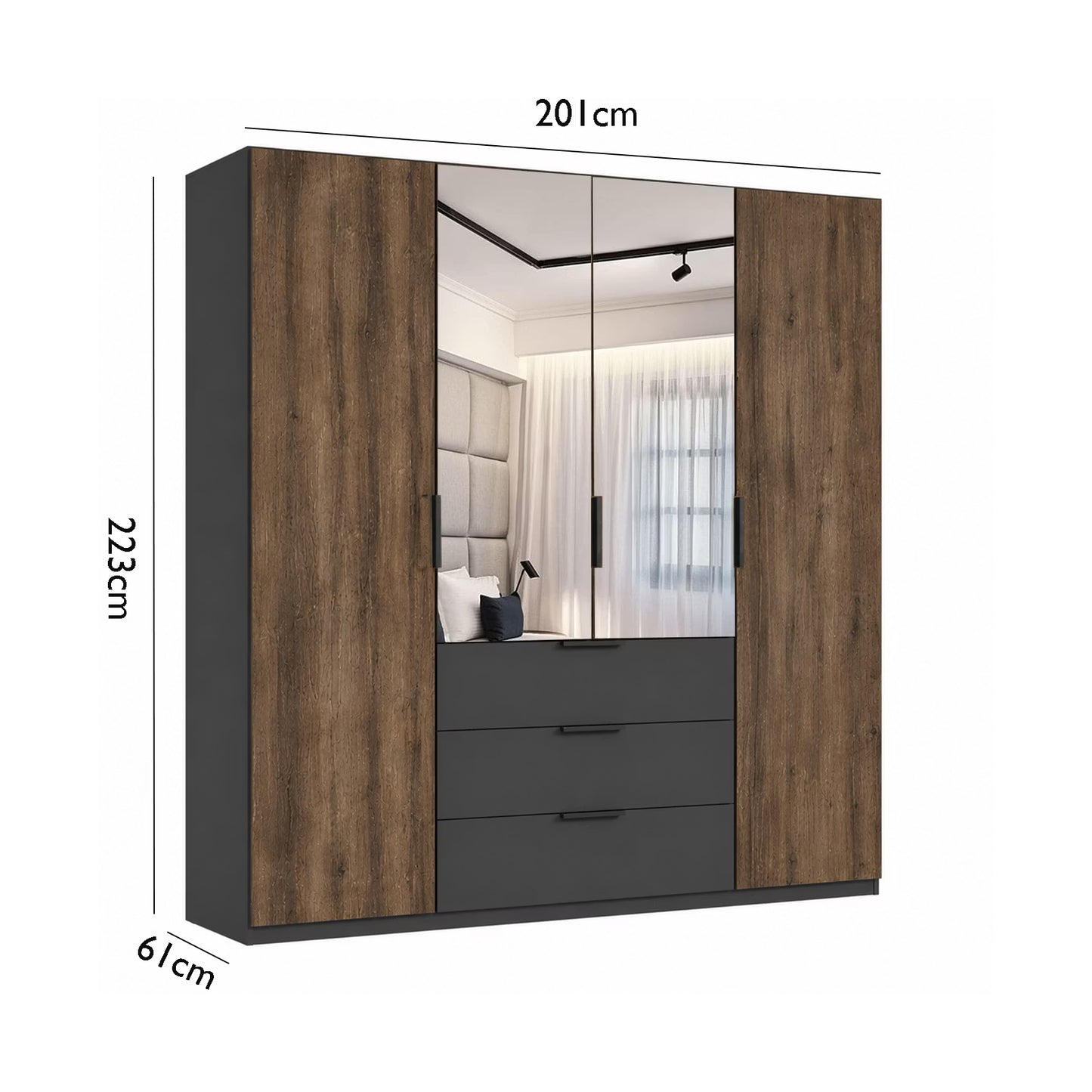 Rauch Atlantic Oak 4 Door Hinged Wardrobe with Drawers - W201cm
