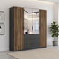 Rauch Fifty four door wardrobe with dark brown Atlantic Oak Finish, a dark gray drawer section at the bottom, and two mirrored doors showing a bedroom interior. 