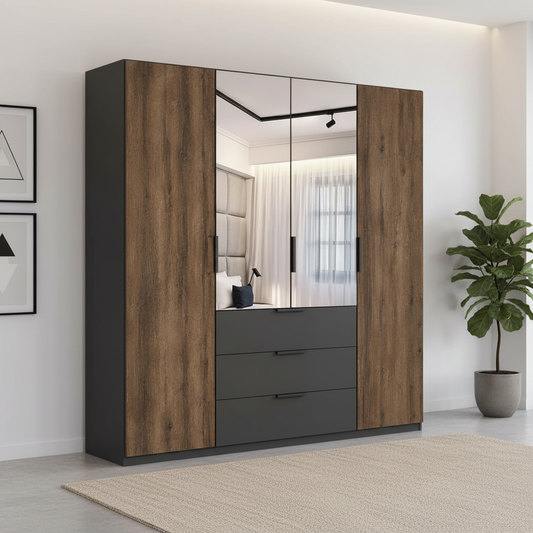 Rauch Fifty four door wardrobe with dark brown Atlantic Oak Finish, a dark gray drawer section at the bottom, and two mirrored doors showing a bedroom interior. 