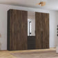 A large 5 Door wardrobe in dark brown Atlantic Oak wood grain doors and a central mirror Door, and 3 drawers set in a modern room with light wood flooring and white walls.