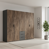 A modern Rauch Fifty Atlantic Oak five-door wardrobe with dark brown wood grain doors and a dark gray frame, featuring three drawers at the bottom right and slim black handles.