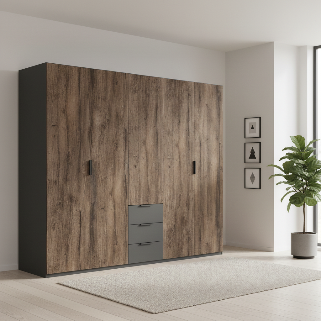 A modern Rauch Fifty Atlantic Oak five-door wardrobe with dark brown wood grain doors and a dark gray frame, featuring three drawers at the bottom right and slim black handles.