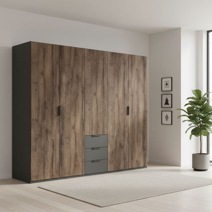 A modern Rauch Fifty Atlantic Oak five-door wardrobe with dark brown wood grain doors and a dark gray frame, featuring three drawers at the bottom right and slim black handles.