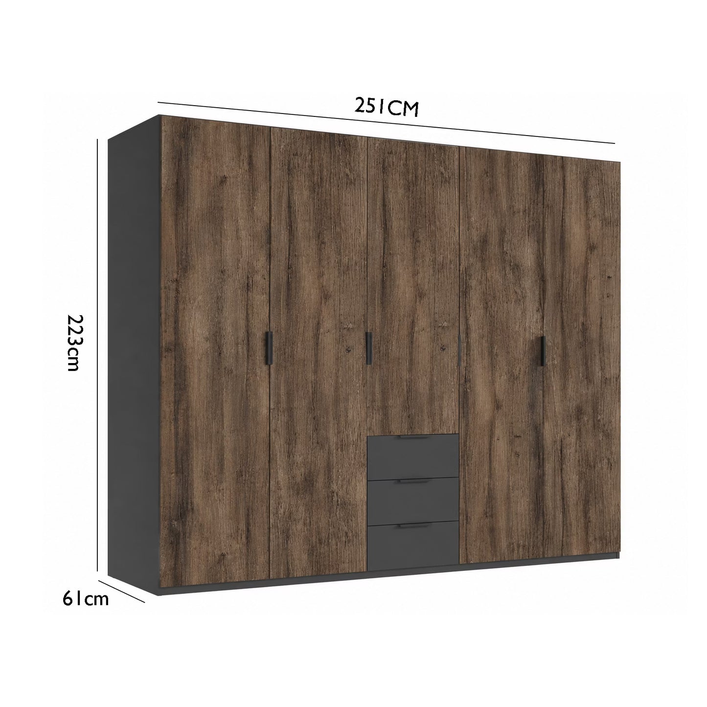 Rauch Atlantic Oak 5 Door Wardrobe with  Graphite carcase and drawer fronts, shown with dimension lines indicating 251 cm width, 223 cm height, and 61 cm depth.