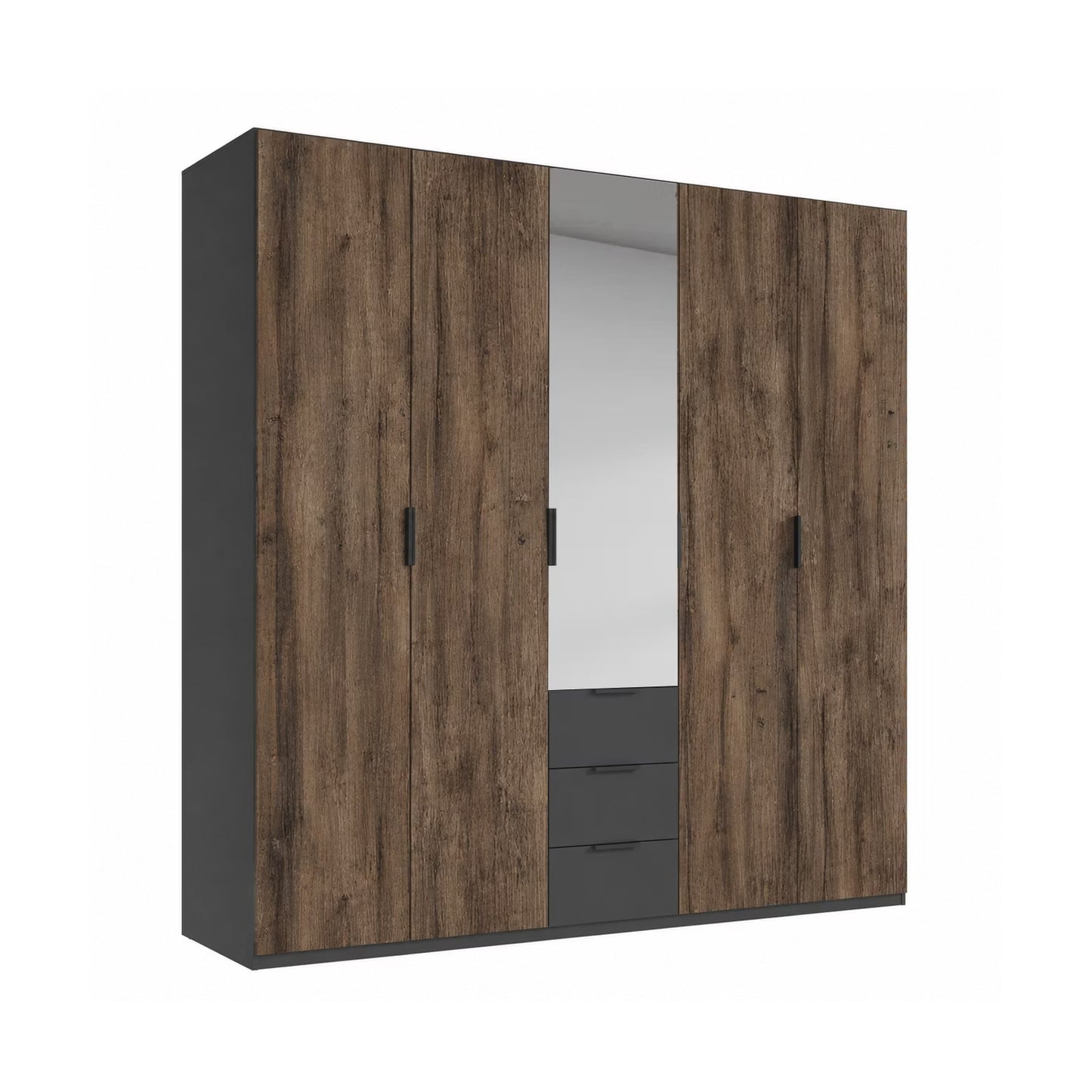 A modern Rauch Fifty five-door wardrobe with a dark brown wood Atlantic Oak grain finish on the doors and drawers, featuring a central mirror and dark gray side panels and drawer fronts, shown on a plain white background.