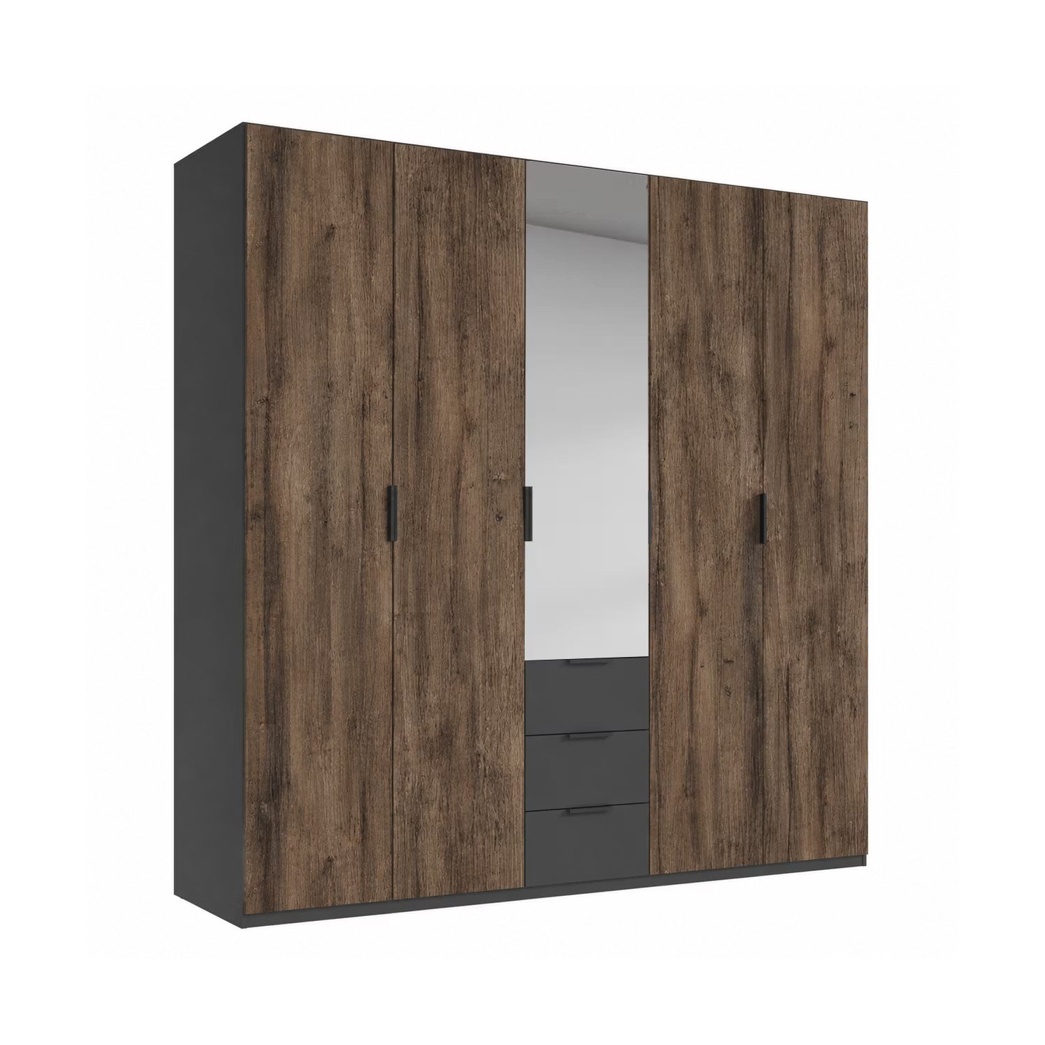 A modern Rauch Fifty five-door wardrobe with a dark brown wood Atlantic Oak grain finish on the doors and drawers, featuring a central mirror and dark gray side panels and drawer fronts, shown on a plain white background.