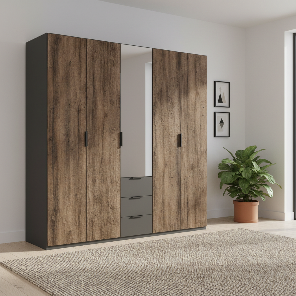 Rauch Atlantic Oak 5 Door Hinged Wardrobe with Drawers - W251cm