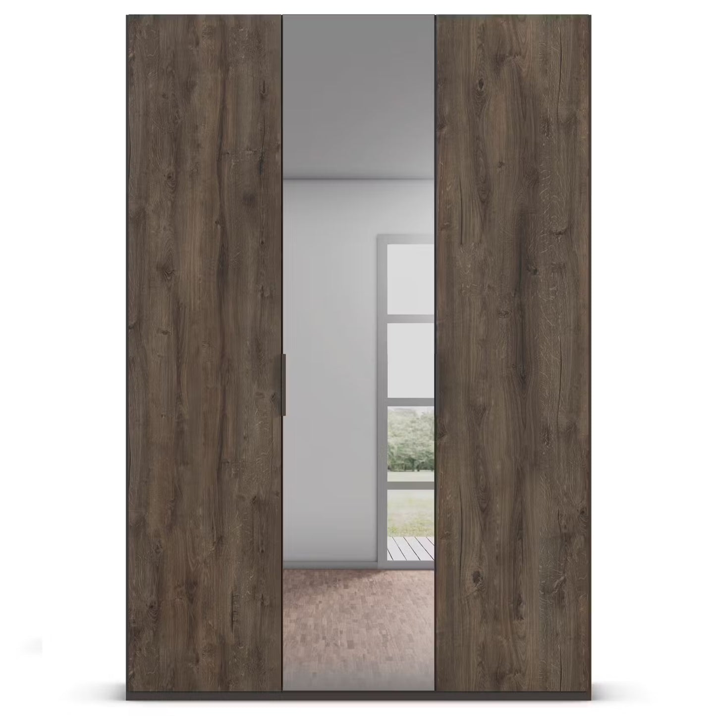 A tall wardrobe or closet door set with a weathered brown wood grain finish, shown partially open to reveal a mirror reflecting a room interior.