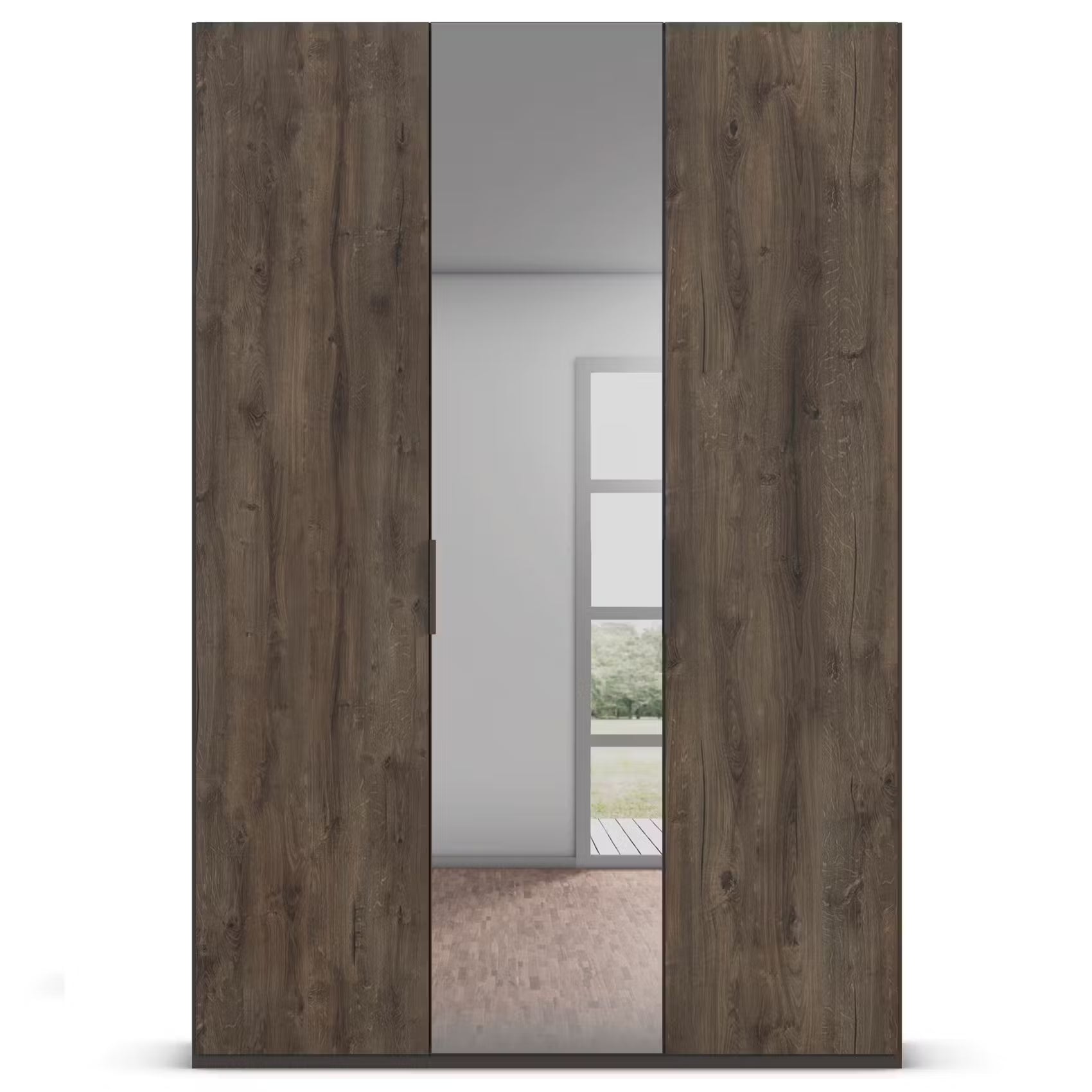 A tall wardrobe or closet door set with a weathered brown wood grain finish, shown partially open to reveal a mirror reflecting a room interior.