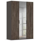 A three-door wardrobe with dark brown wood grain textured doors and a central mirrored door panel, shown on a plain white background.
