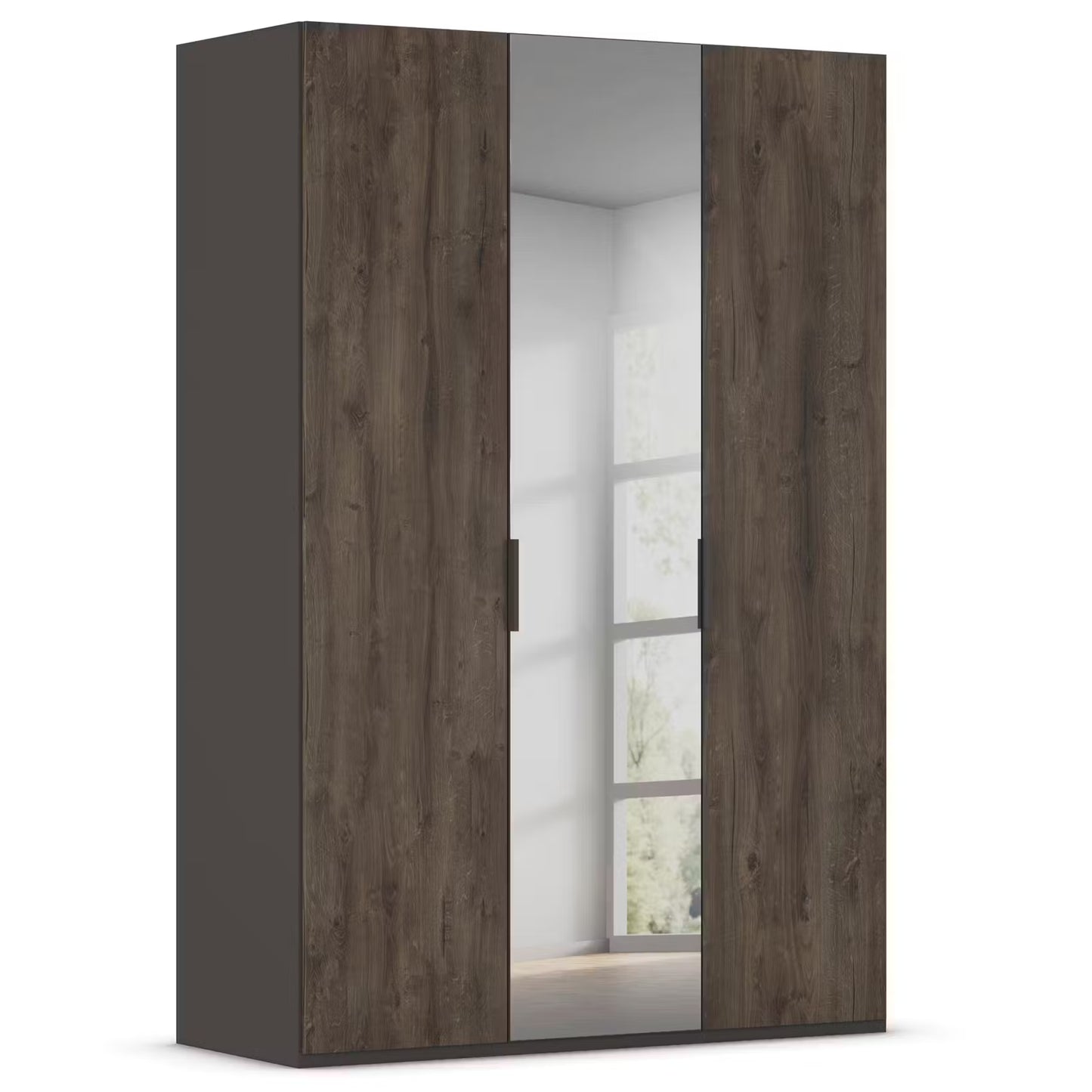 A three-door wardrobe with dark brown wood grain textured doors and a central mirrored door panel, shown on a plain white background.