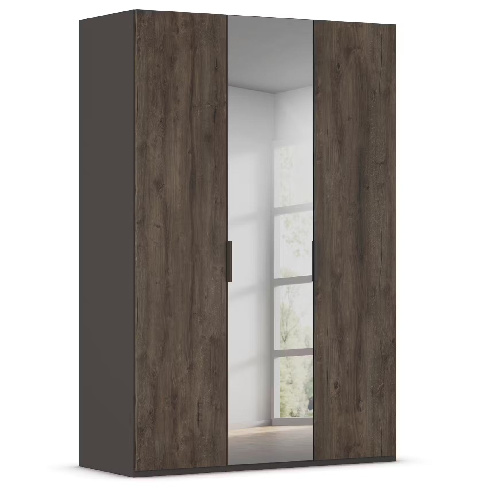 A three-door wardrobe with dark brown wood grain textured doors and a central mirrored door panel, shown on a plain white background.