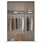 A modern 3 Door wardrobe shown open and empty, with shelves, hanging rods, folded clothes, and a basket, photographed on a clean white background.