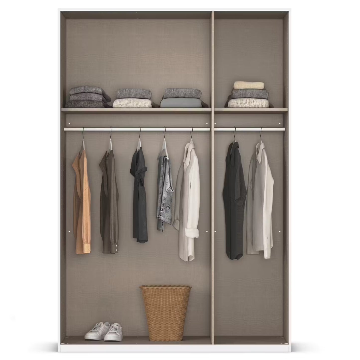 A modern 3 Door wardrobe shown open and empty, with shelves, hanging rods, folded clothes, and a basket, photographed on a clean white background.