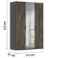 A tall Rauch Atlantic Oak wardrobe or armoire shown on a white background with dimension lines and labels indicating 223 cm height, 151 cm width, and 61 cm depth. The front has two dark wood-look doors with a mirror inset between them.