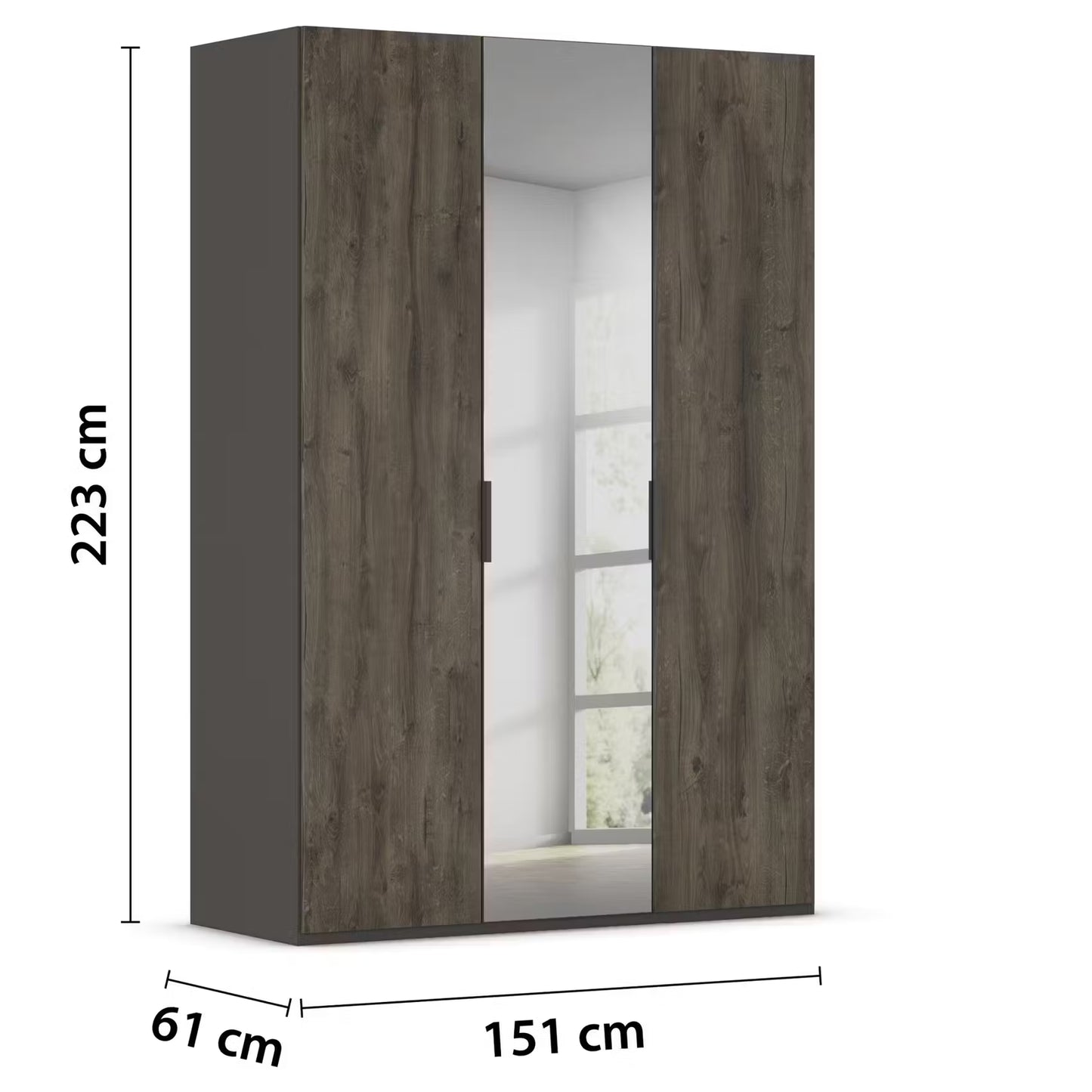 A tall Rauch Atlantic Oak wardrobe or armoire shown on a white background with dimension lines and labels indicating 223 cm height, 151 cm width, and 61 cm depth. The front has two dark wood-look doors with a mirror inset between them.