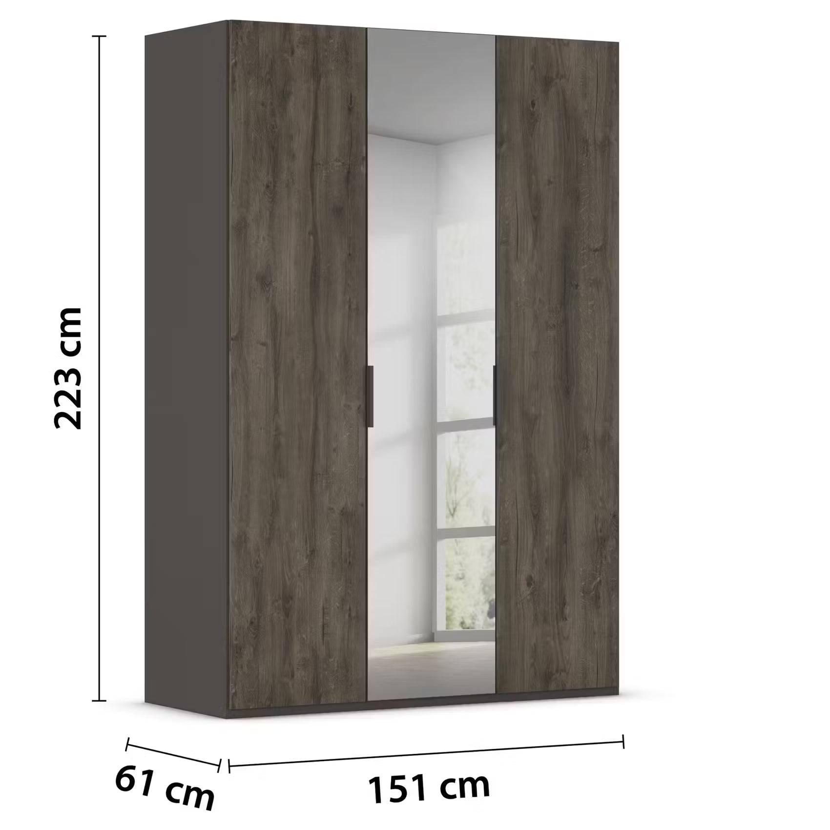 A tall Rauch Atlantic Oak wardrobe or armoire shown on a white background with dimension lines and labels indicating 223 cm height, 151 cm width, and 61 cm depth. The front has two dark wood-look doors with a mirror inset between them.