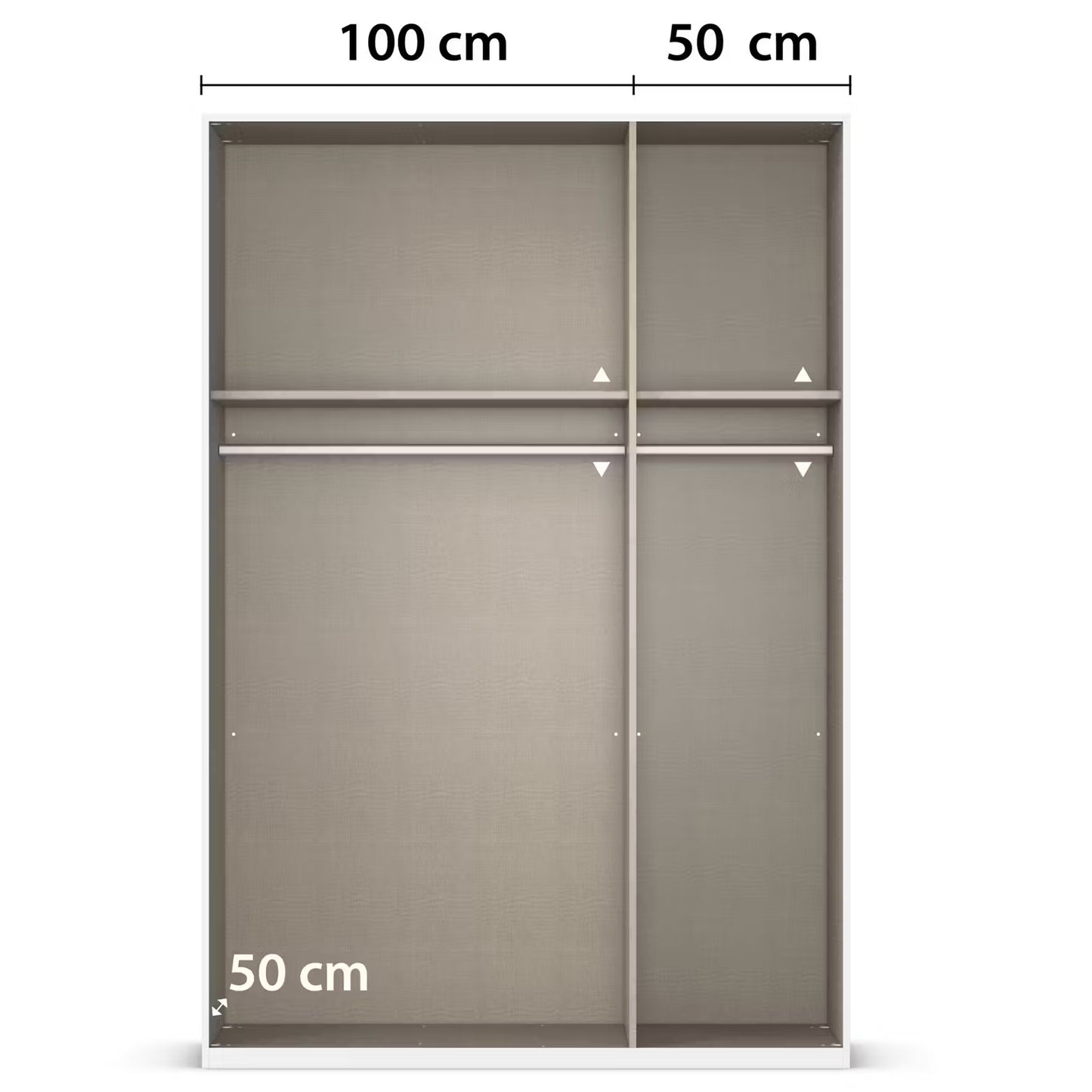 Rauch Atlantic Oak 3 Door Hinged Wardrobe shown Without Doors with overlaid dimension labels: 100 cm across the top and 50 cm and 50 cm below, indicating width and height measurements.