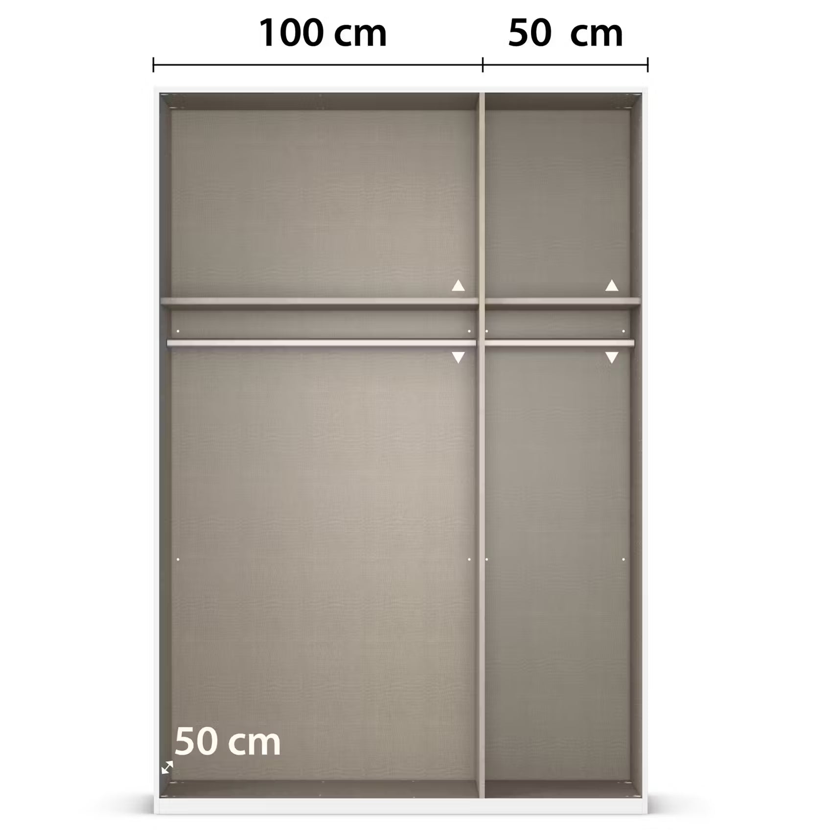 Rauch Atlantic Oak 3 Door Hinged Wardrobe shown Without Doors with overlaid dimension labels: 100 cm across the top and 50 cm and 50 cm below, indicating width and height measurements.