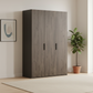 A three-door wardrobe or closet with dark brown wood grain doors and a solid dark gray side panel, shown on a clean white background.