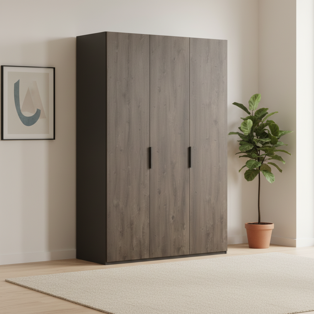 A three-door wardrobe or closet with dark brown wood grain doors and a solid dark gray side panel, shown on a clean white background.