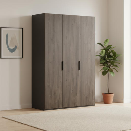 A three-door wardrobe or closet with dark brown wood grain doors and a solid dark gray side panel, shown on a clean white background.