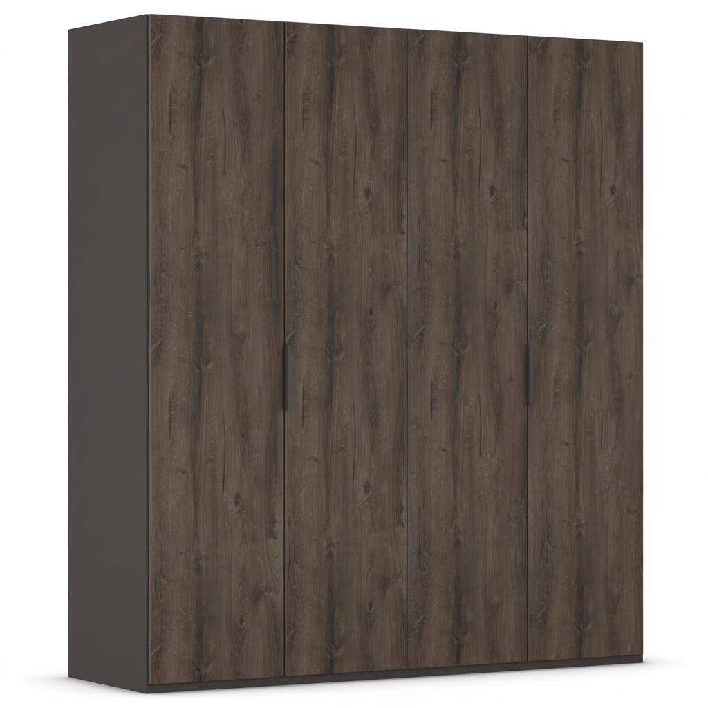A tall Rauch Atlantic Oak wardrobe or closet cabinet with four doors featuring a dark brown wood grain pattern, shown against a plain white background.