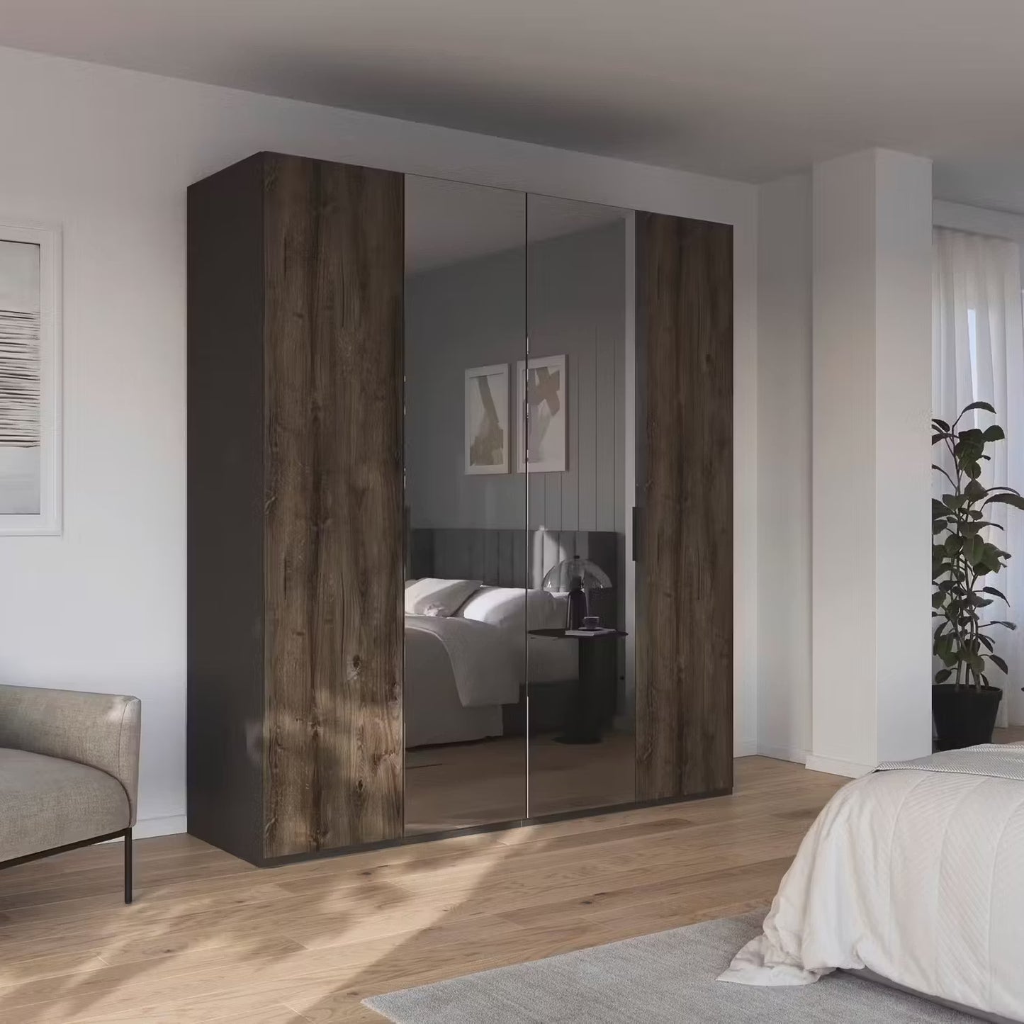 A modern wardrobe with two dark brown wood-grain side panels and two mirrored sliding doors, shown in a styled bedroom setting.